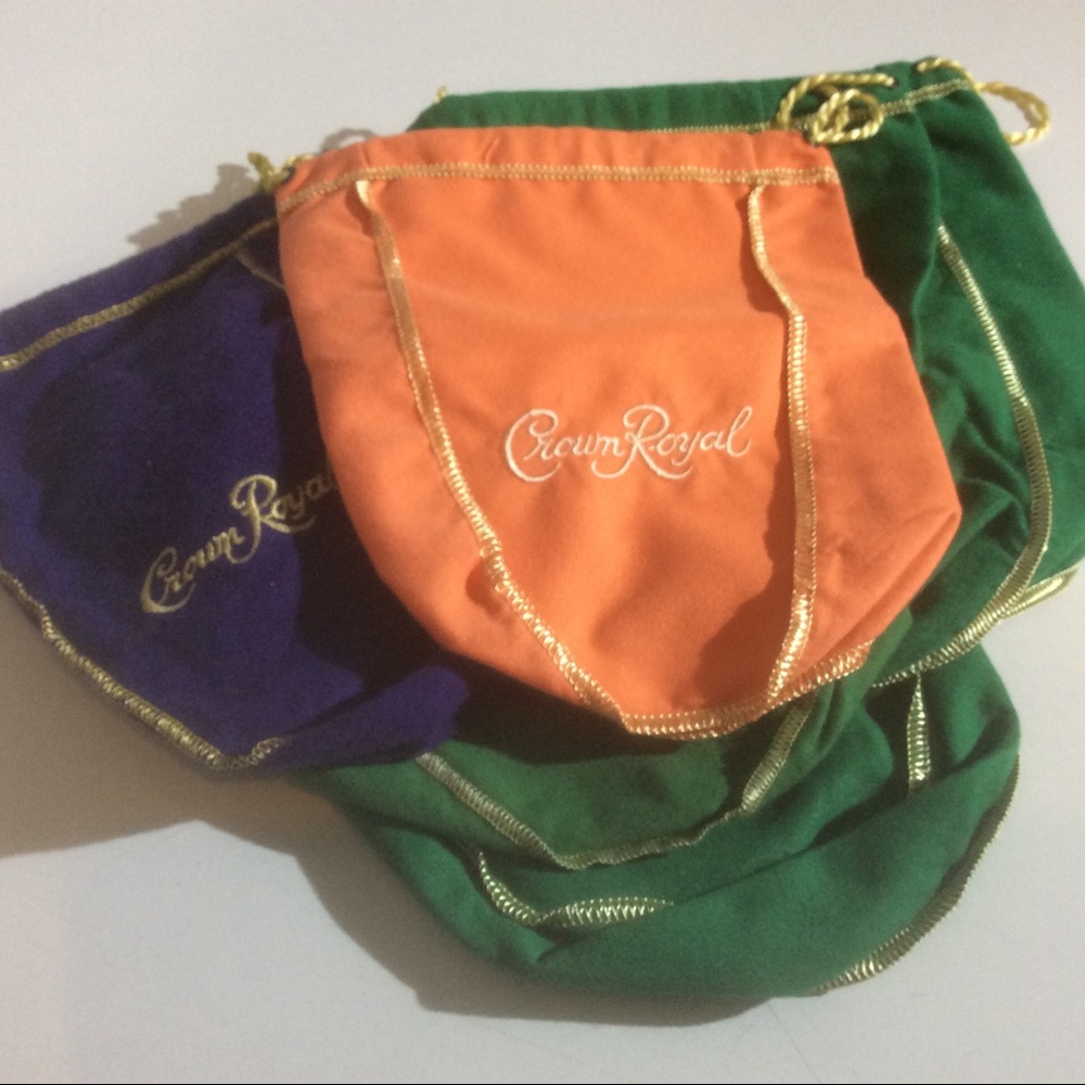 6 Crown Royal Drawstring Bags 4 Green 1 Orange 1 Purple Gold Trim Liquor *WEAR